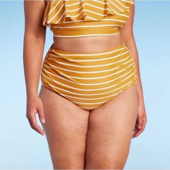 KONA SOL STRIPED BIKINI BOTTOM WOMENS 3X HIGH WAIST FULL SEAT COVERAGE GOLD NWT - Picture 1 of 4